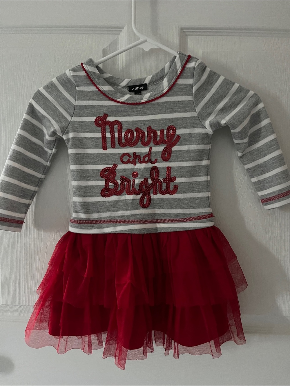 Zunie Christmas Gray & Red 'Merry and Bright' Striped Long-Sleeve Dress Sz 4